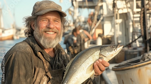 Smiling fisherman showing freshly caught fish on fishing boat