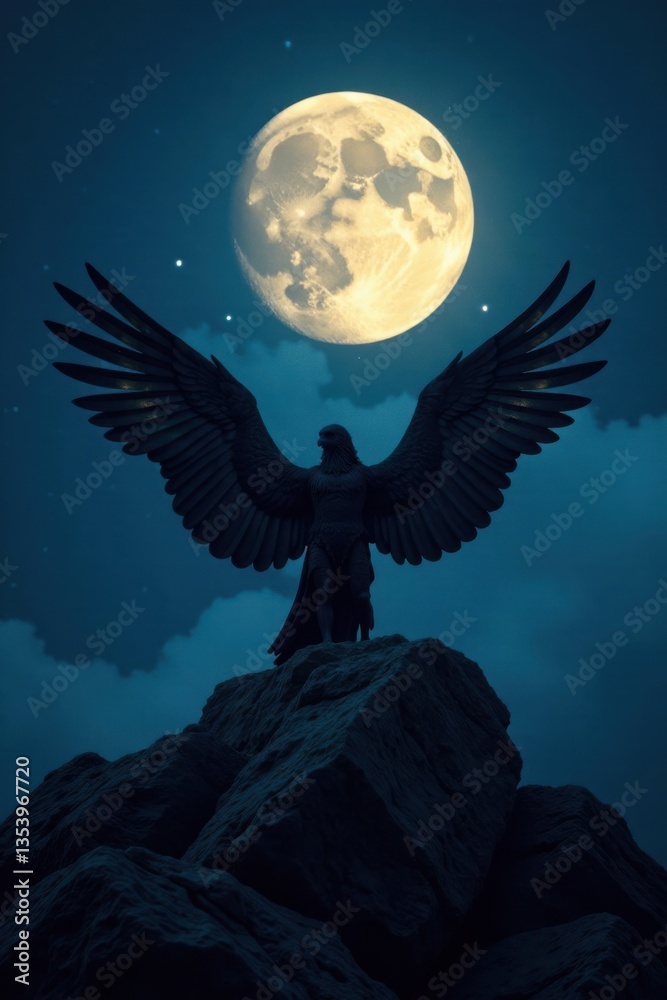 Obraz premium Dark wings spread wide on a moonlit night , nighttime, textures