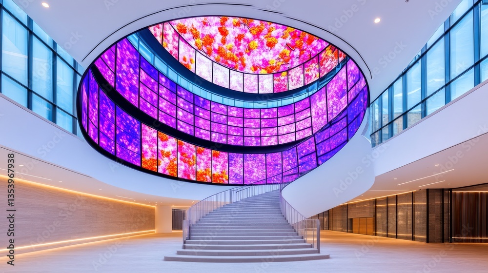 Fototapeta premium Vibrant modern atrium with colorful digital displays, spacious design highlighting contemporary architecture and innovation.