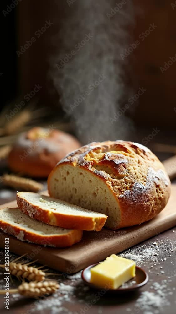 Freshly baked bread with butter on a wooden board, steam animation