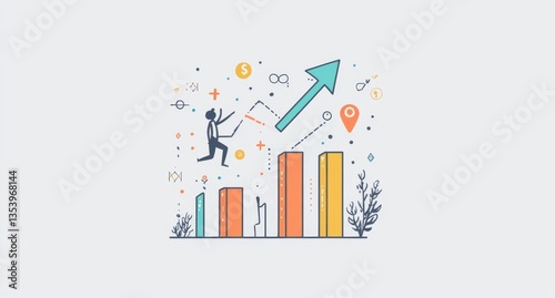 Businessman jumping over growing bar graph.