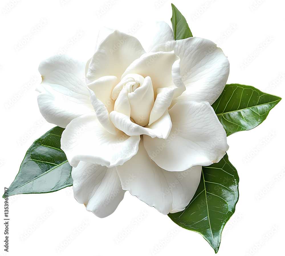 Obraz premium Elegant white blossom with vibrant green leaves.