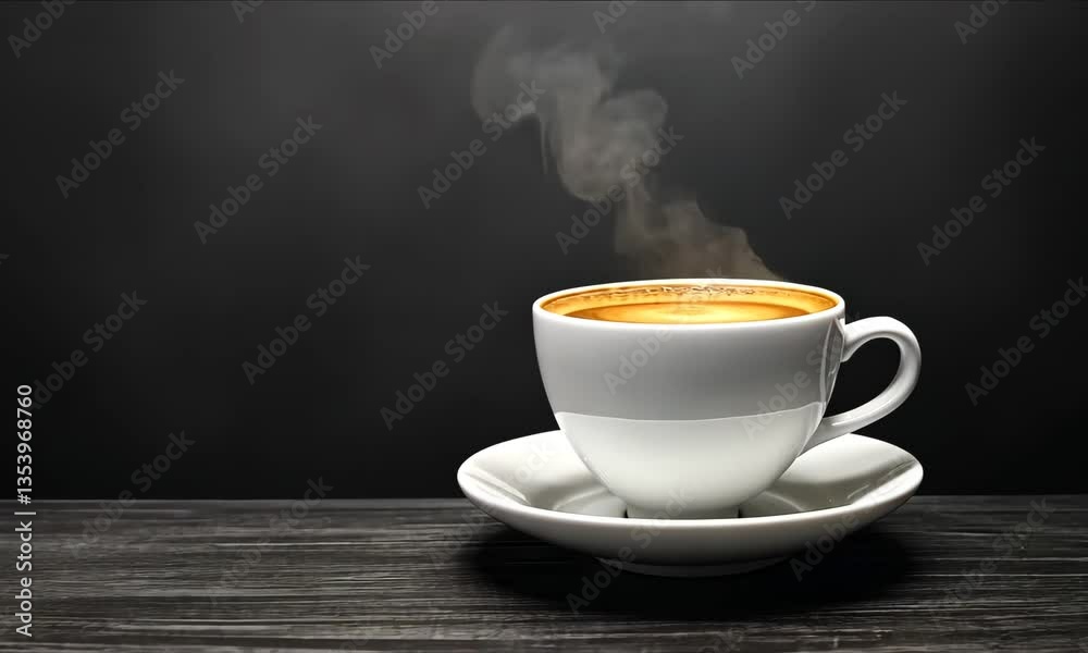 Aromatic coffee cup steaming on wooden table with dark backdrop for relaxation