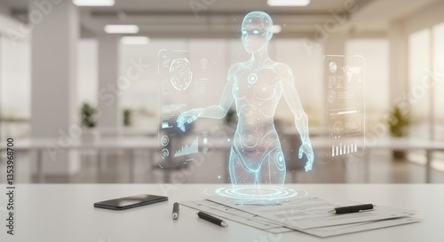 Futuristic Holographic Robot Assistant in Modern Office Setting