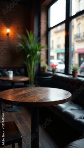 Dark wood table in dimly lit cafe, empty table, blurred light