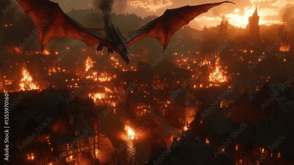 Dragon's fiery rampage over medieval city at sunset