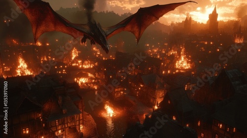 Obraz na płótnie Dragon's fiery rampage over medieval city at sunset w salonie