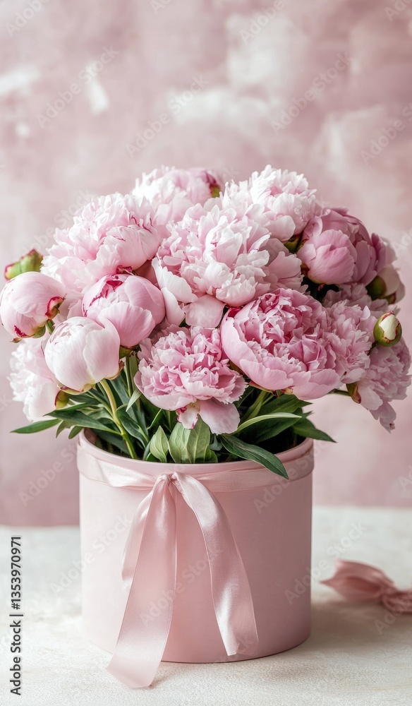 Pink peonies beautifully arranged in a round box with a soft pink ribbon Pink peonies beautifully arranged in a round box with a soft pink ribbon