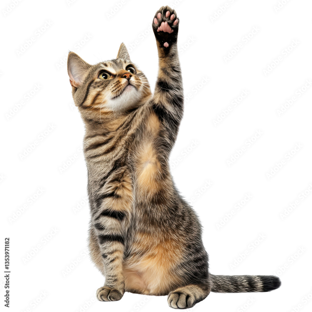 Obraz premium Playful tabby cat reaching up with paw extended on transparent background Concept of curiosity, pet ownership, and playful feline behavior