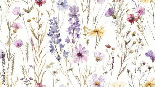 Watercolor wildflower pattern, seamless summer floral design.

