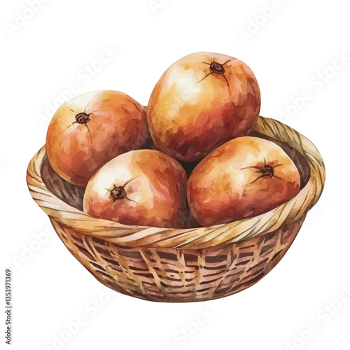 Sapodilla Basket, watercolor vector, isolated on a white background.
