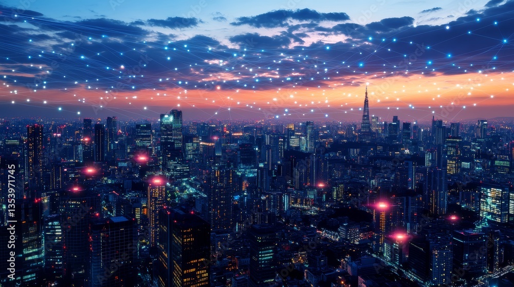 Obraz premium Wireless communication media networking connectivity technology concept, smart cityscape on world hologram simulation on global environment tech development changes time goals, banner blue background