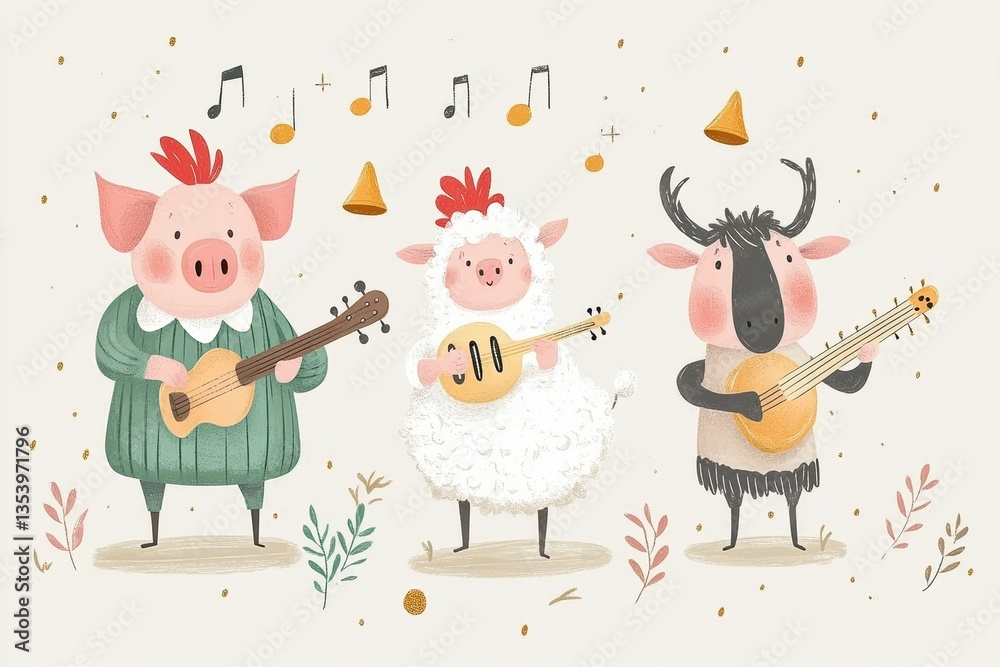 Fototapeta premium Earthy Brown Green Cream Farm Animal Band with Pig Rooster Sheep Cow Illustration, Vector, Watercolor