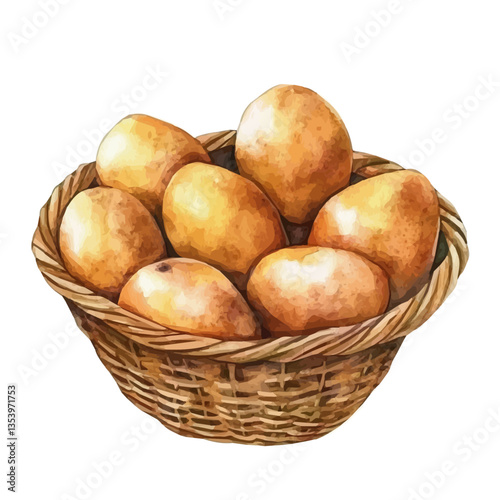 Sapodilla Basket, watercolor vector, isolated on a white background.