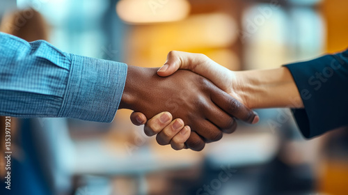 Diverse handshake between african male and caucasian female in business setting