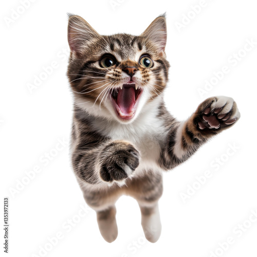 Cute tabby kitten roaring with mouth open and paws up on a transparent background Concept of playful, aggressive, and funny animal behavior