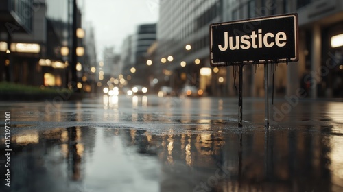 Painting of Justice Sign with Black Tar Dripping on Rainy Street photo