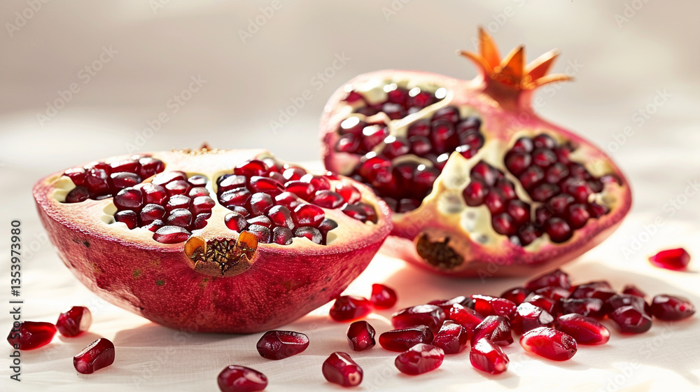 Halved pomegranate with seeds scattered around, rich red color and antioxidant superfruit visual Halved pomegranate with seeds scattered around, rich red color and antioxidant superfruit visual