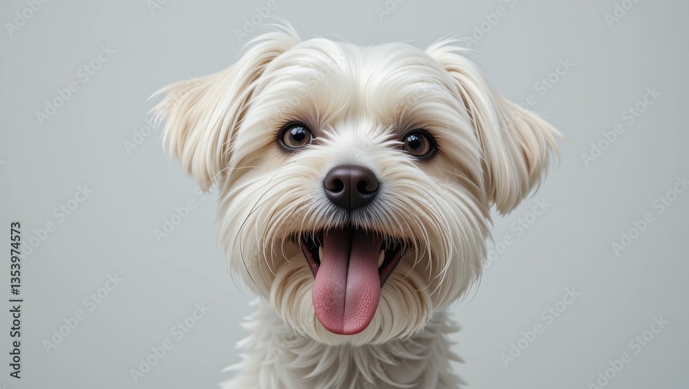 Close-Up Portrait of a Happy White Dog with Fluffy Fur and Playful Expression on Neutral Background Close-Up Portrait of a Happy White Dog with Fluffy Fur and Playful Expression on Neutral Background