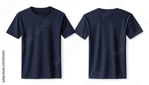 Navy blue blank t-shirt mockup.  Front and back views of a simple, classic, dark blue crew neck t-shirt.  The shirt is displayed isolated on a white background, showcasing its smooth, even texture