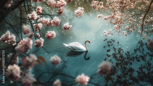 Fototapeta Naklejka Na Ścianę i Meble -  Serene swan swimming in a pond surrounded by blooming cherry blossoms.