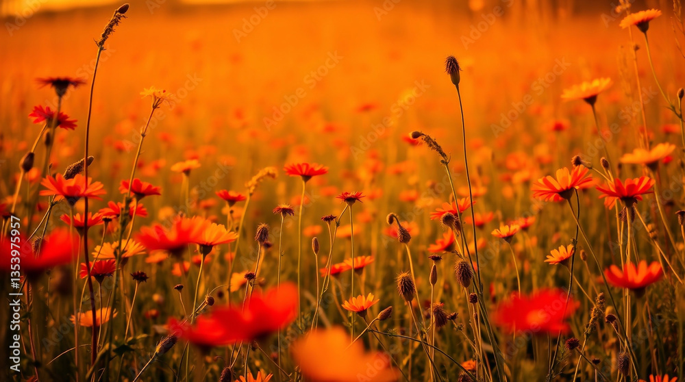 Obraz premium Warm-toned, low-angle photograph of a wildflower field, emphasizing reds, oranges, and yellows, with a dramatic upward perspective.jpg