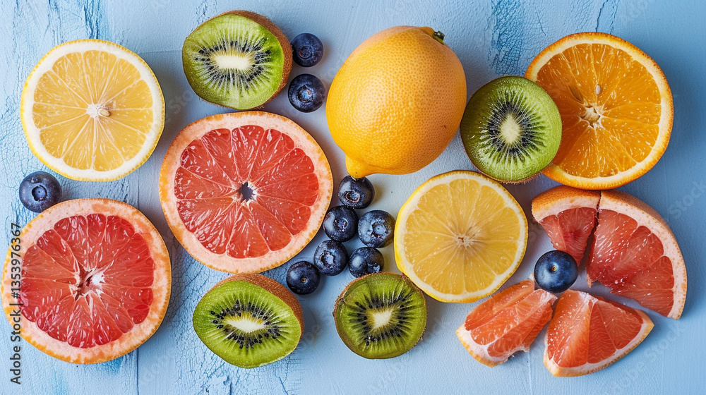 Clean flat lay of sliced fruits: grapefruit, orange, lemon, lime on white background Clean flat lay of sliced fruits: grapefruit, orange, lemon, lime on white background
