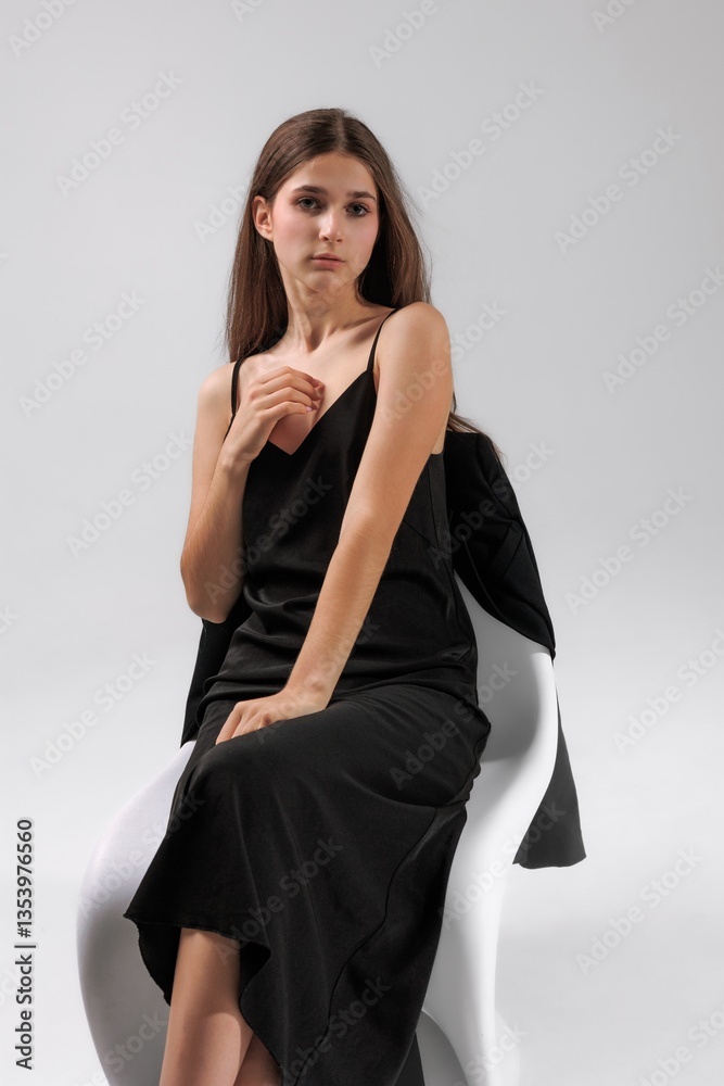 Fototapeta premium Model poses elegantly in a black dress on a minimalist chair in a bright studio setting