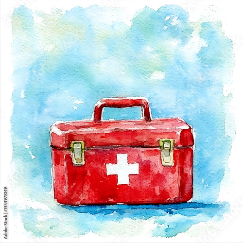 Watercolor painting of a red first aid kit with a white cross set against a hazy blue background.
