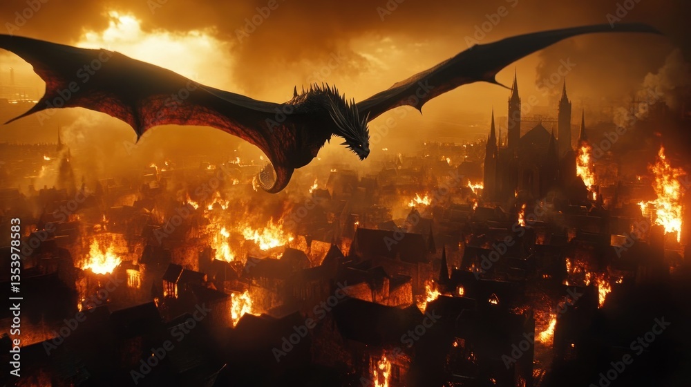 Dragon's fiery wrath over burning medieval city