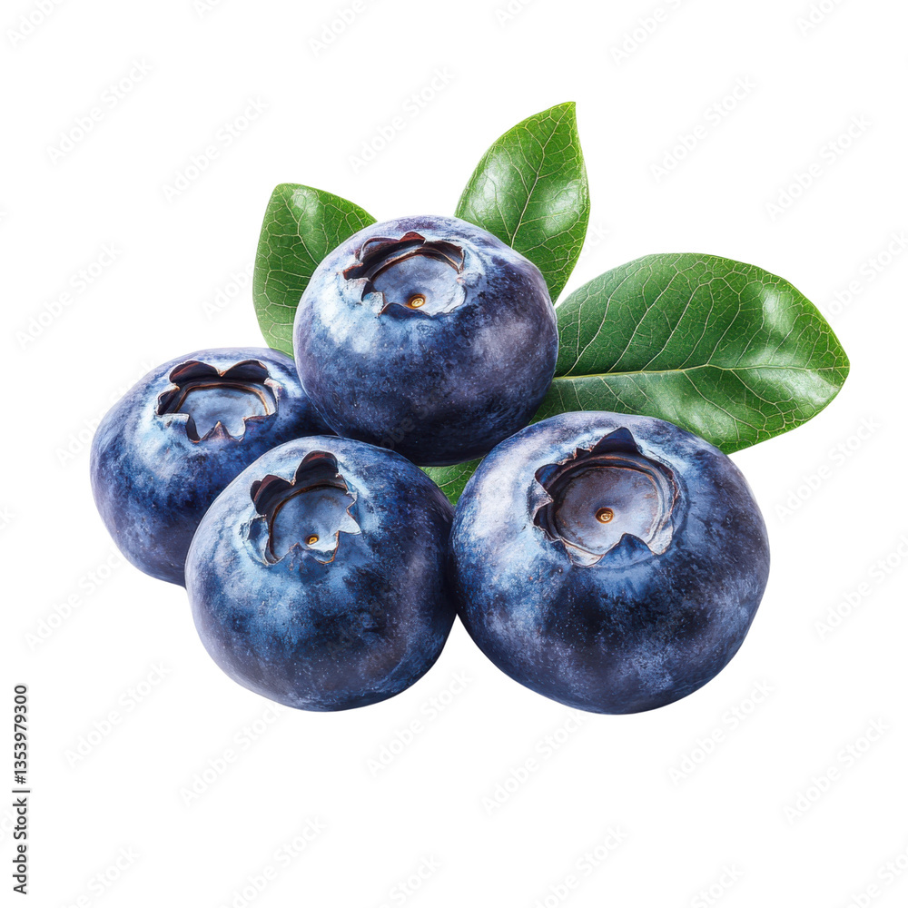 Obraz premium Fresh blueberries with green leaves on a transparent background Closeup studio shot of healthy, juicy, and ripe blueberries for healthy eating and antioxidant concepts