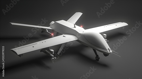 Advanced Futuristic Surveillance Drone with Sharp Angular Silhouette Pulsing LED Indicators and Muted Chromatic Gradients Showcasing Modular Military Industrial Complex Aesthetic