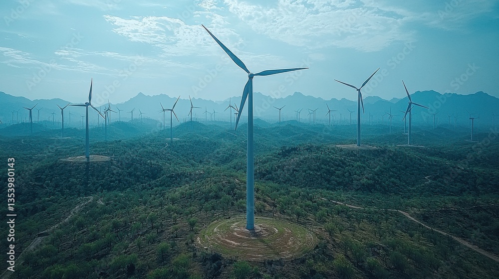 A dedicated wind farm with turbines spinning in a clear sky representing sustainable energy solutions for the future A dedicated wind farm with turbines spinning in a clear sky representing sustainable energy solutions for the future