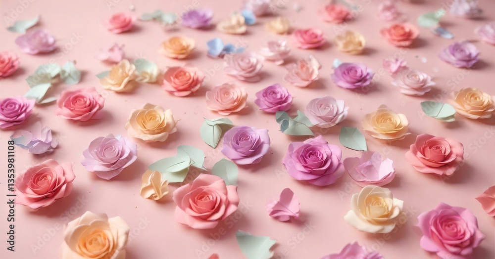 Delicate petals of colorful paper roses scattered on a pastel pink background , art print, spring season Delicate petals of colorful paper roses scattered on a pastel pink background , art print, spring season