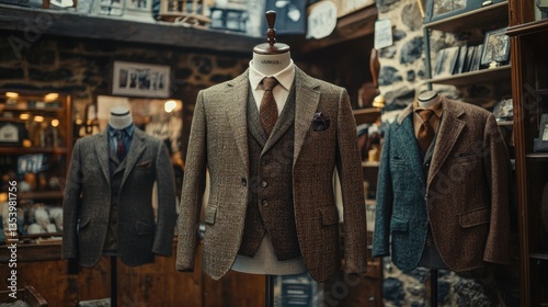 A classic tweed blazer displayed on a mannequin in an old-fashioned tailor shop.
