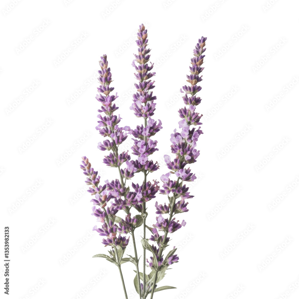 Fototapeta premium Three sprigs of fragrant purple lavender flowers on a transparent background, perfect for aromatherapy, relaxation, and natural beauty concepts