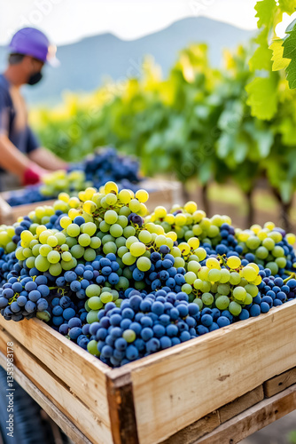 Harvesting grapes from wooden crates in vineyard filled with green and purple fruit. Mountain backdrop enhances natural beauty. Concept of winemaking, agriculture, outdoor activities