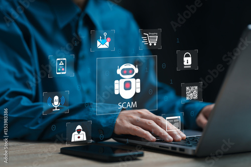 AI,  Artificial Intelligence and Illegal Use concept, Businesswomen deceived by the AI system from scammers, Fake websites, Hacking data from online sales, Voice and face impersonation, Spam, QR code