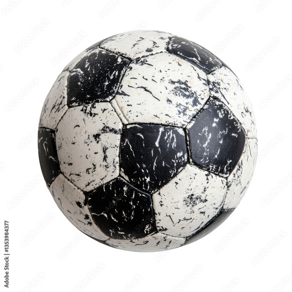 Naklejka premium Distressed soccer ball with black and white panels on a transparent background Concept of sports, recreation, and vintage equipment