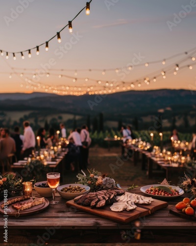 Tuscan Feast Alfresco dining with guests at long tables, scenic vineyards backdrop, sunset lighting