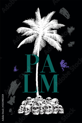 disegno per stampa palma, schizzi e teschi, t shirts design