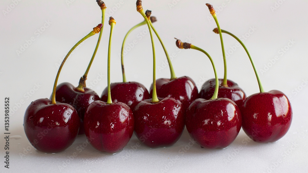 Shiny red cherries with long stems, neatly aligned for clean fruit display Shiny red cherries with long stems, neatly aligned for clean fruit display