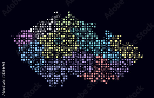 Czechia, shape of the country build of colored cells. Digital style map of the Czechia on dark background. Small size rounded square blocks. Modern vector illustration.