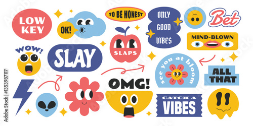 Colorful groovy and trendy stickers with gen z and millenials slang words.  Vintage stickers, patch, badge element with cartoon character.