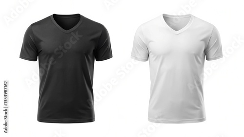 Blank v-neck shirt mock up template front and back view isolated on white plain black and white t-shirt mockup. V Neck tee design presentation for ..