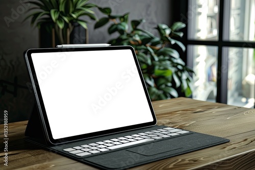 Vibrant Picture of Mockup Blank Screen Tablet with Keyboard on Home Studio Workspace