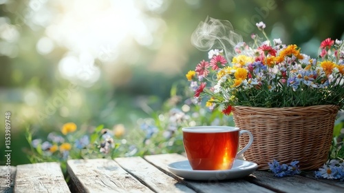 Wallpaper Mural Steaming teacup beside wildflowers on sunny garden table Torontodigital.ca
