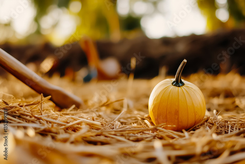 Yellow pumpkin lying on straw in sunlit autumn field. Nearby gardening tools suggest recent harvest activity. Concept of agriculture, seasonal produce, farm life