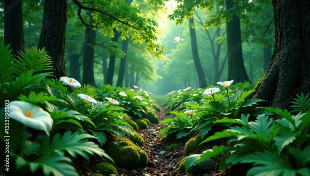 Fototapeta premium Dense forest of ferns and peace lily plants, foliage, jungle