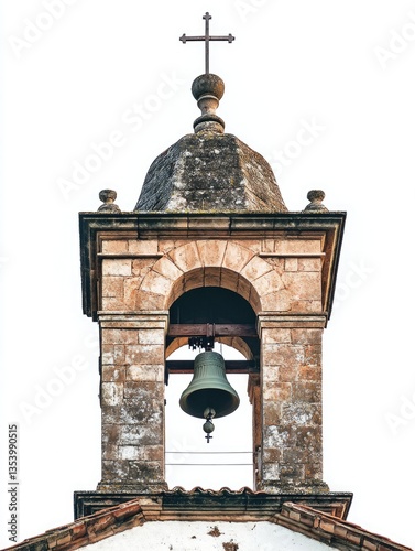 A historic bell tower with a prominent cross on top, often used for architectural or cultural stock photos